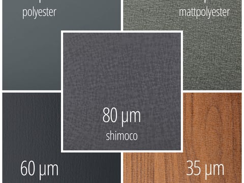 Overzicht van coatings van golfplaten in verschillende diktes en oppervlakken, inclusief houtlook